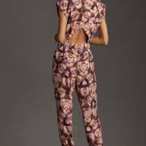 Anthropologie sleeveless cutout printed jumpsuit purple tall